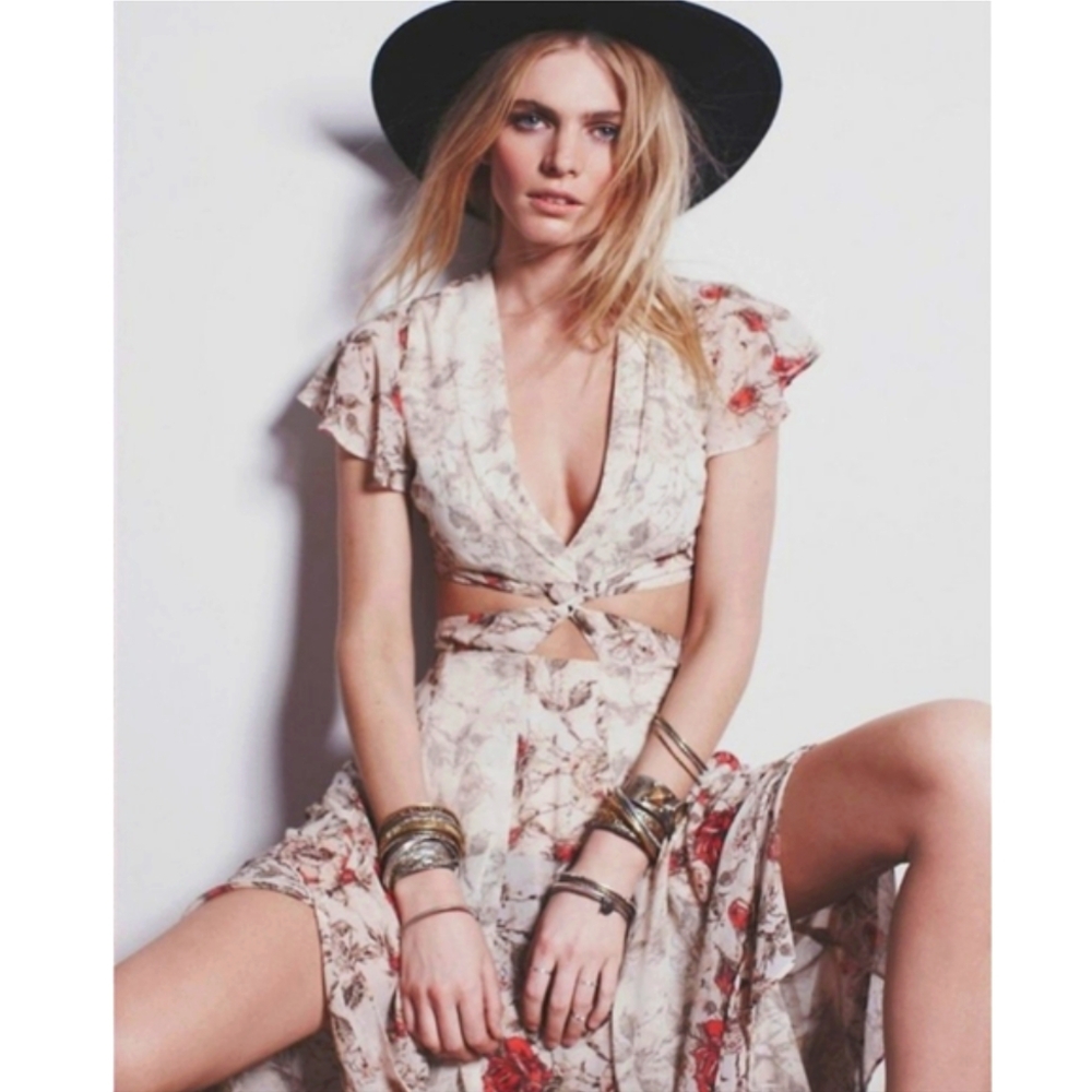 Free People Star Foil Jasper Floral Cutout Boho Rare Flutter Sleeve Maxi Dress L